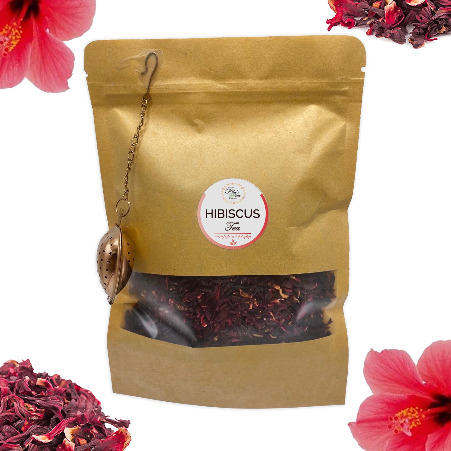 An 8oz bag of organic hibiscus tea, offering a tangy flavor and rich in antioxidants. Ideal for a revitalizing hot or iced drink. tea infuser included for free.