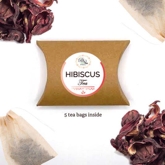 A pack of 5 hibiscus tea bags, each brewing a cup with a vibrant, tart flavor and a crimson hue. Rich in antioxidants and caffeine-free, it’s perfect for a refreshing, healthful drink.