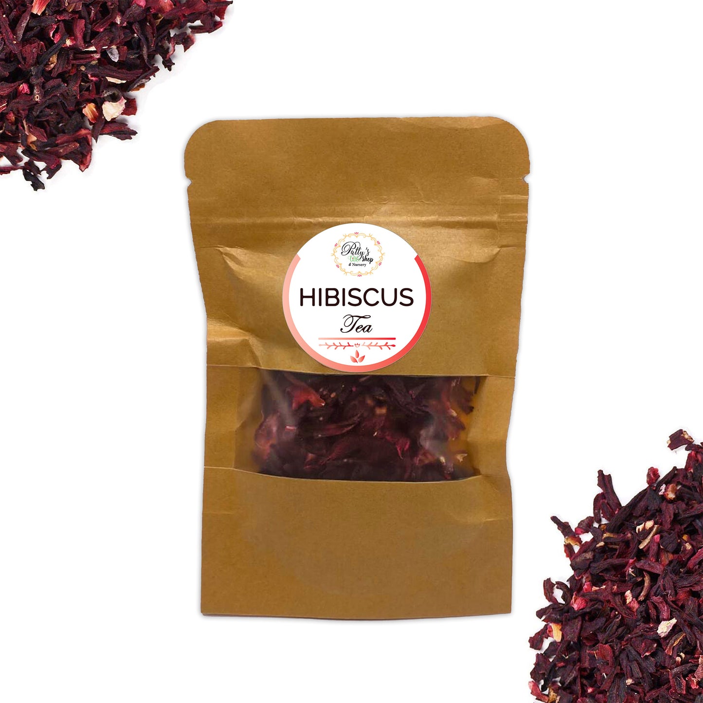 A 4oz bag of vibrant hibiscus tea, known for its potential health benefits like supporting metabolism and immune system.